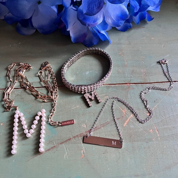 Initial M Jewelry - Sugarfix Pearl M - Rhinestone M Stretch - Silver Tone M Bar - Picture 1 of 9